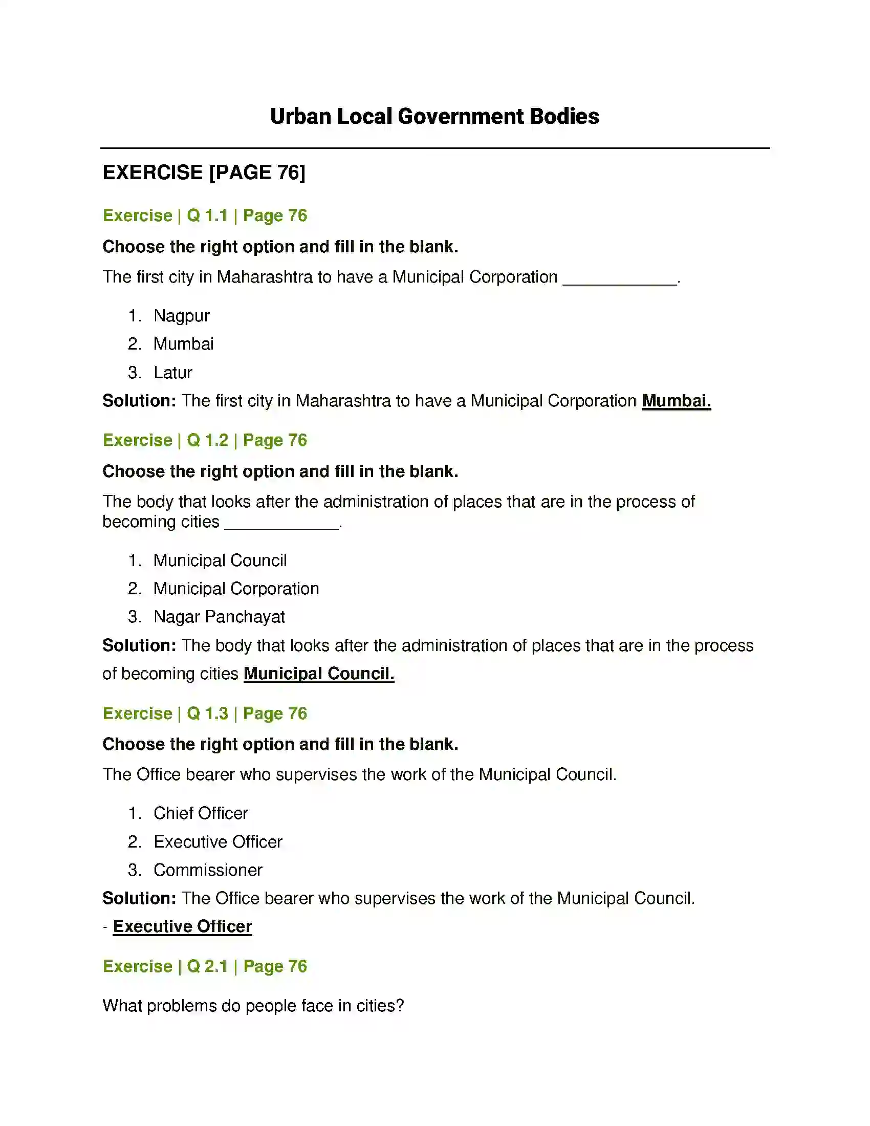 Maharashtra Board Class 6th History and Civics Urban Local Government Bodies Solution 1
