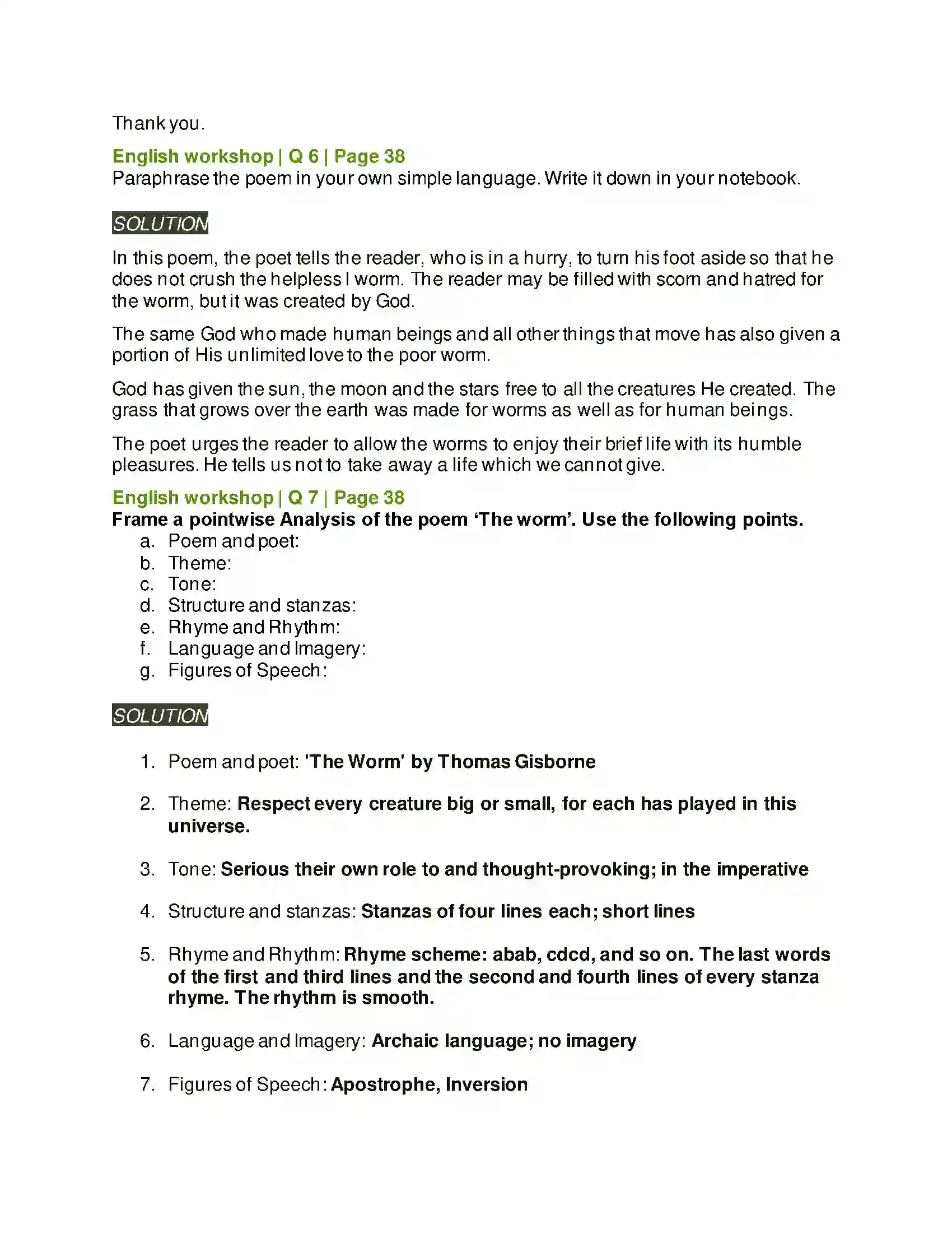 Maharashtra Board Class 8th English 2.3 The Worm Solution 5