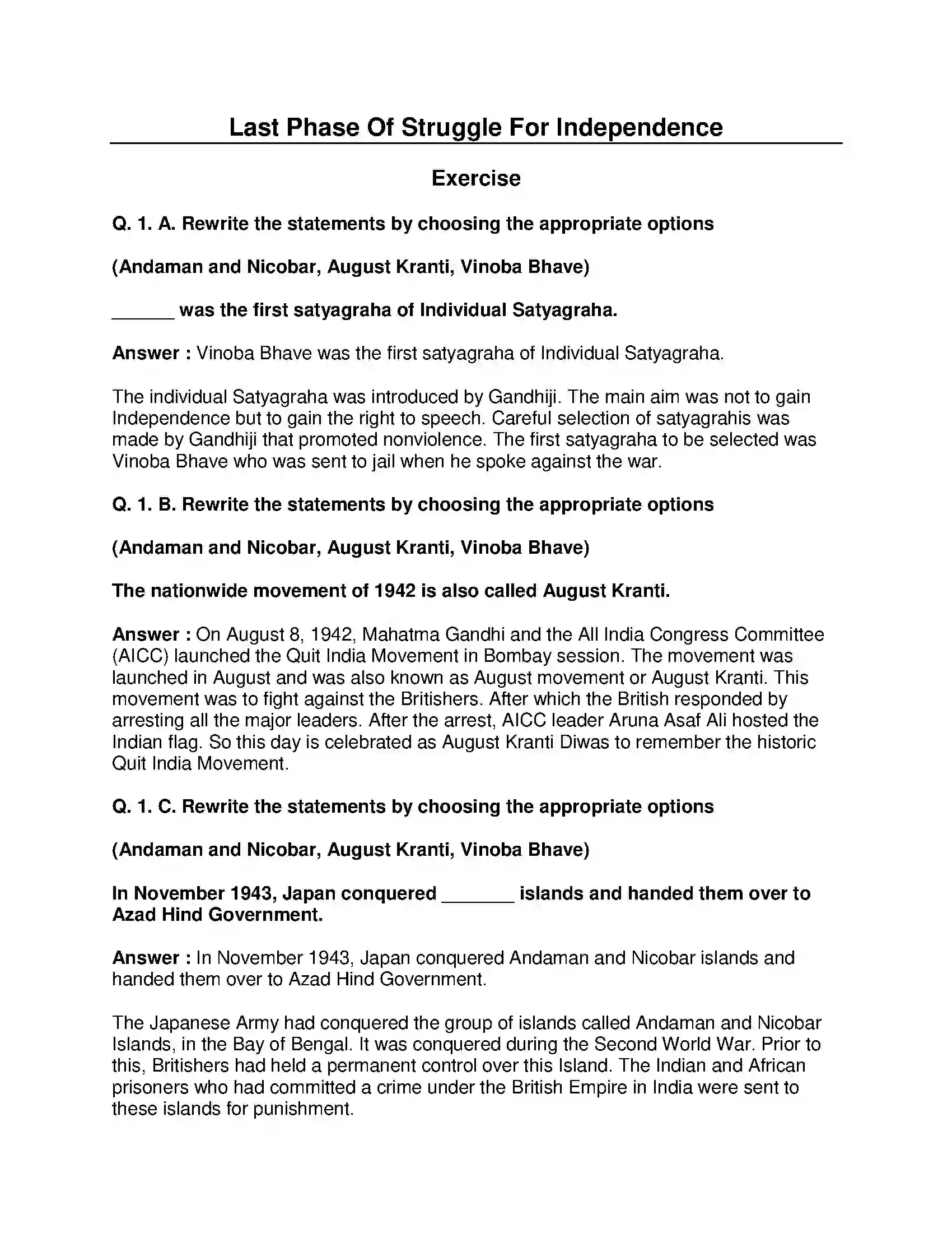 Maharashtra Board Class 8th History - English Medium Last Phase of Struggle for Independence Solution 1
