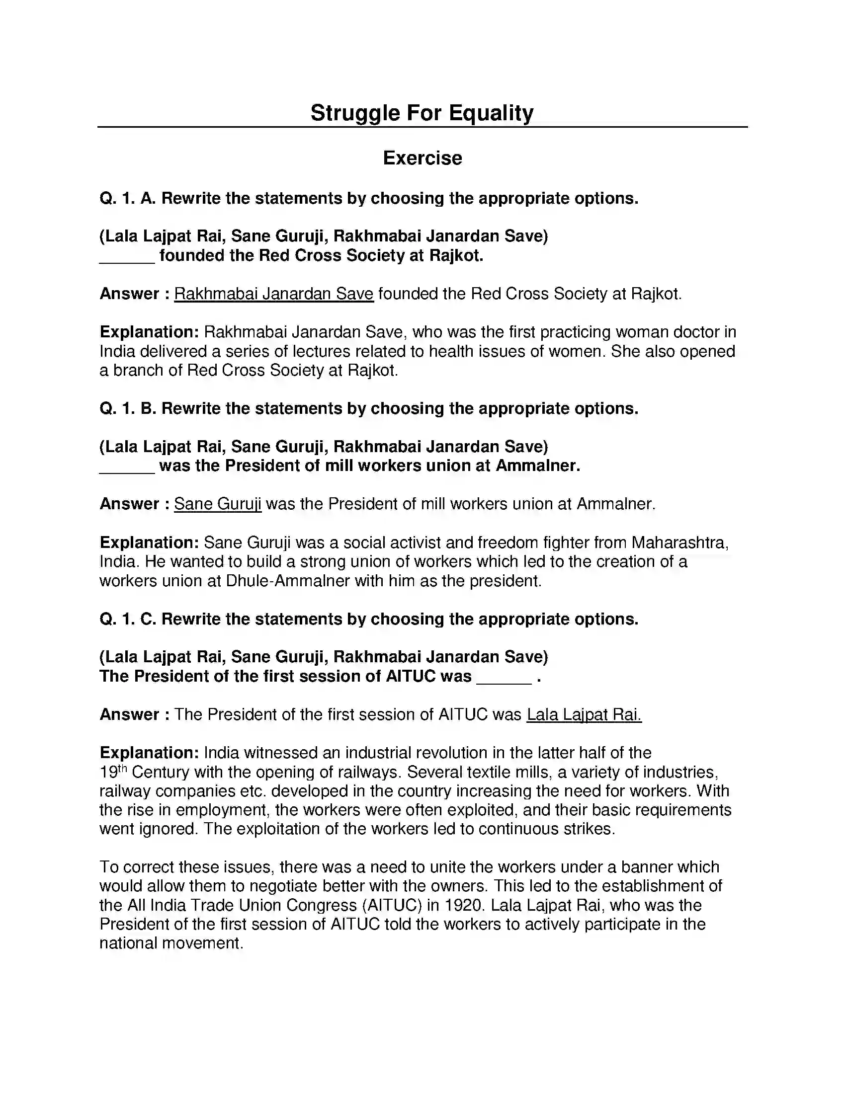 Maharashtra Board Class 8th History - English Medium Struggle for Equality Solution 1