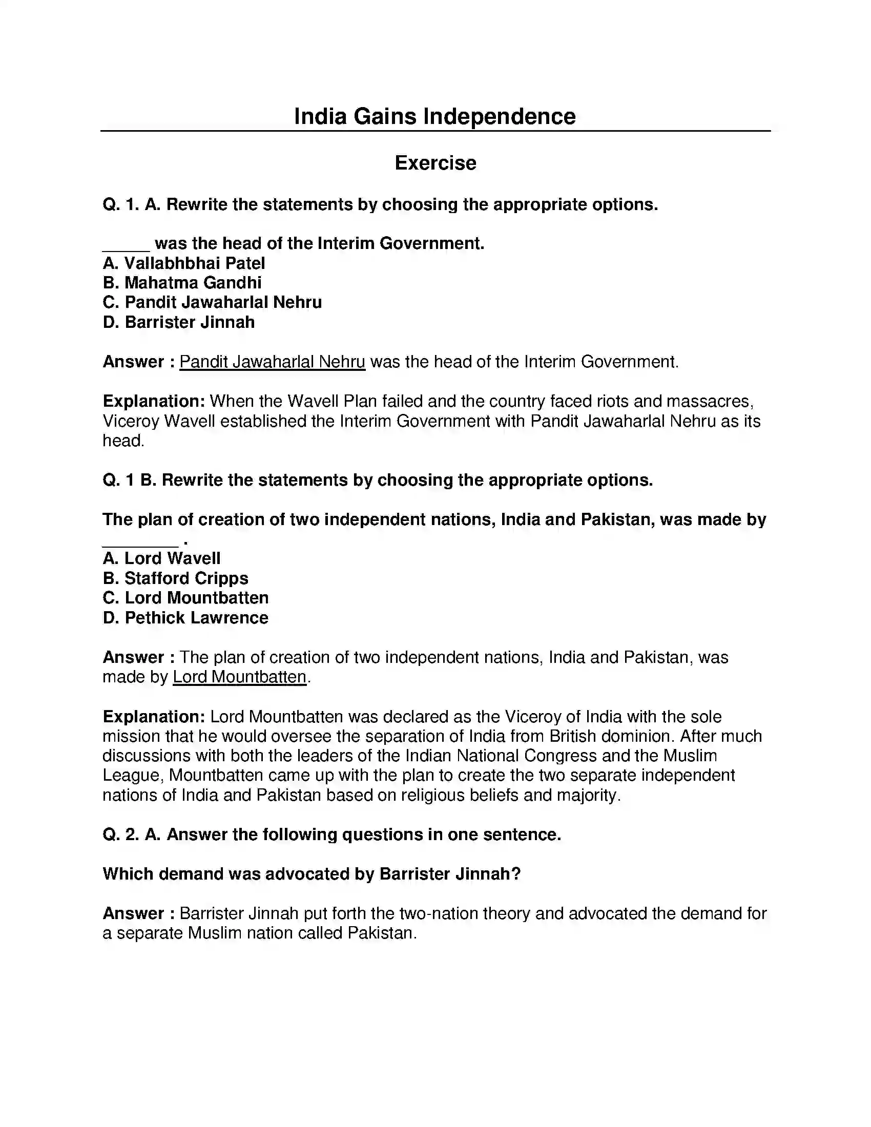 Maharashtra Board Class 8th History - English Medium India gains Independence Solution 1