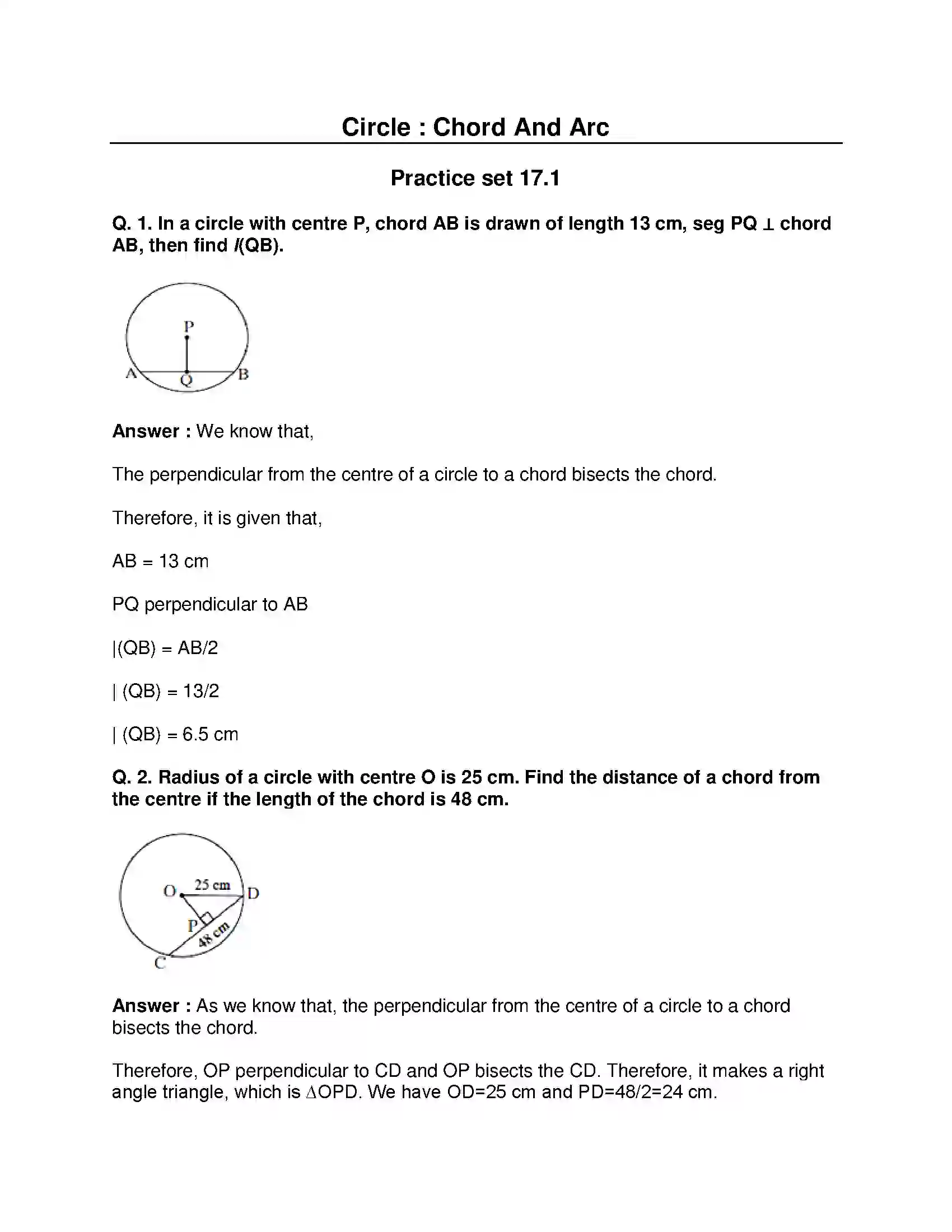 Maharashtra Board Class 8th Mathematics - English Medium Circle : Chord and Arc Solution 1