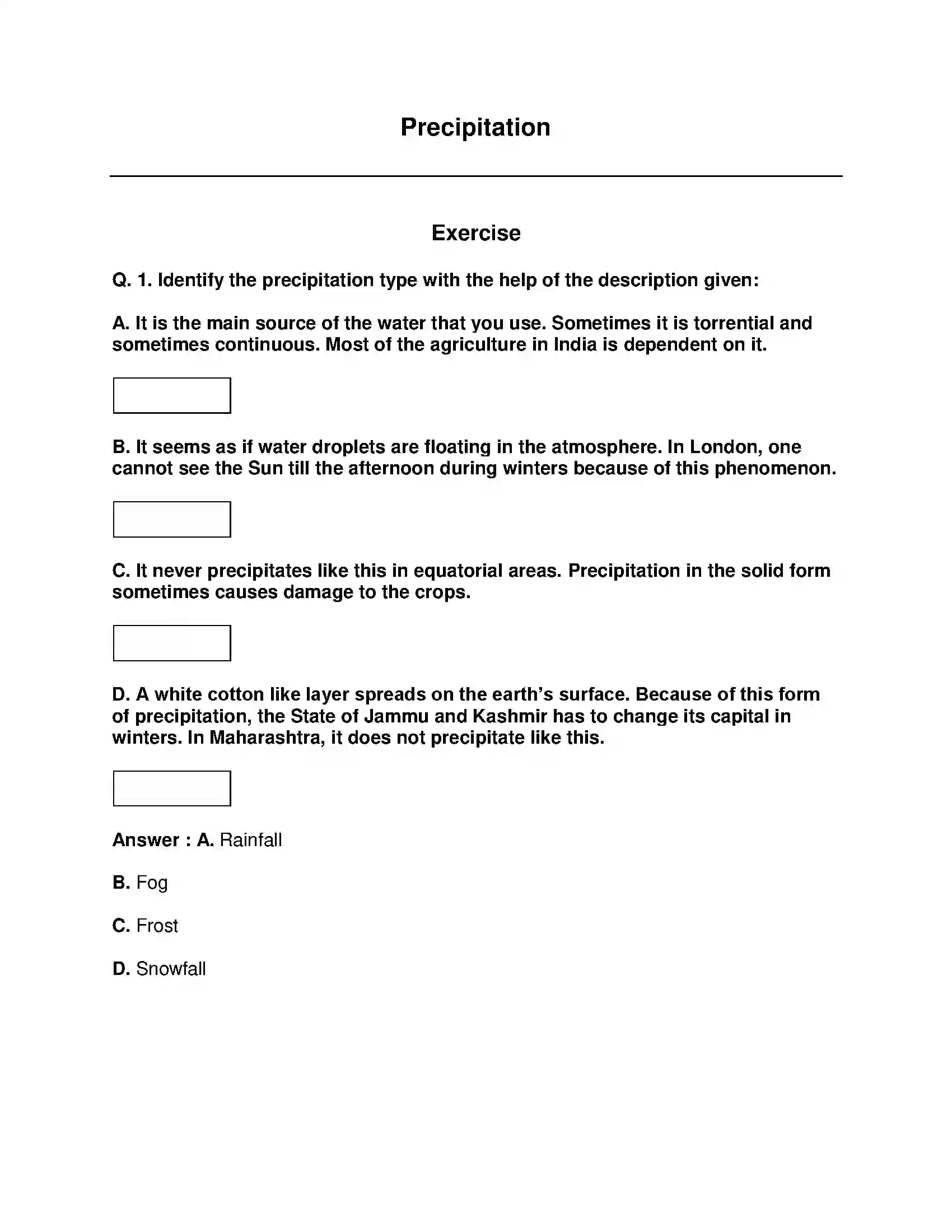 Maharashtra Board Class 9th Geography - English Medium Precipitation Solution 1