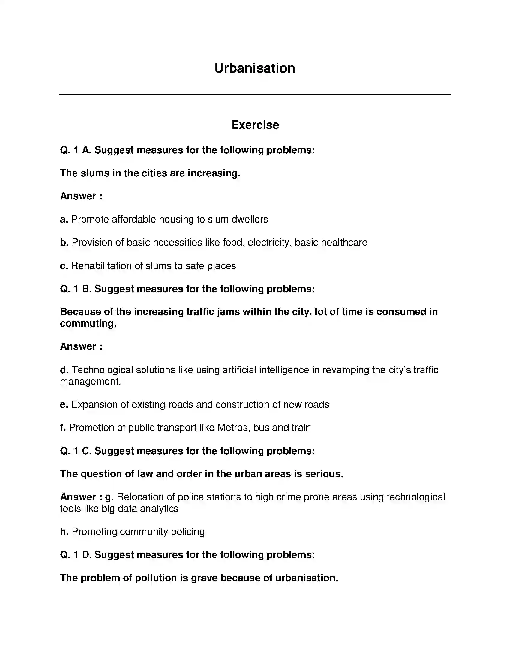 Maharashtra Board Class 9th Geography - English Medium Urbanisation Solution 1