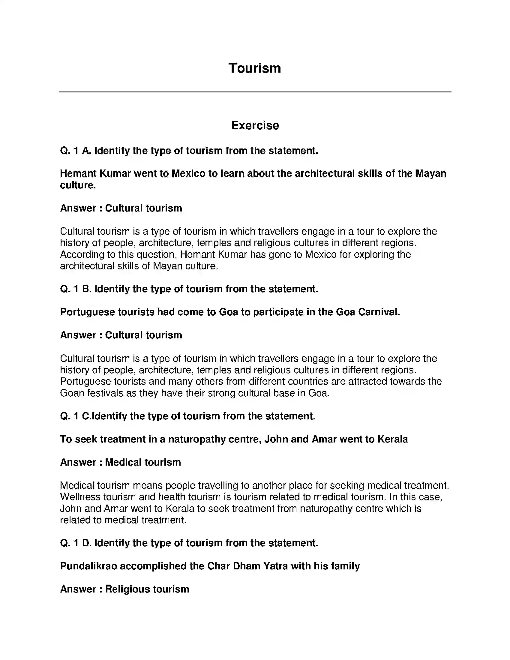 Maharashtra Board Class 9th Geography - English Medium Tourism Solution 1