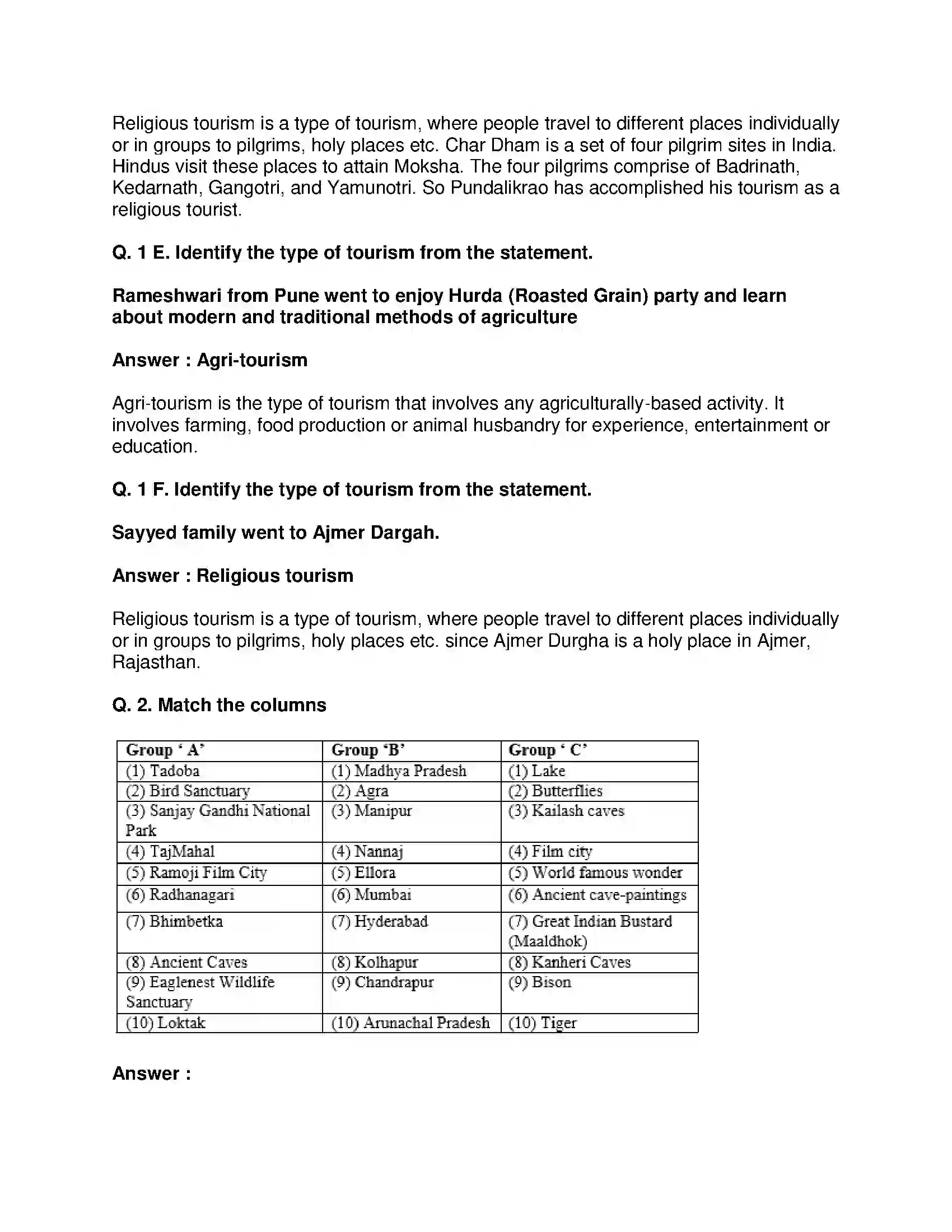 Maharashtra Board Class 9th Geography - English Medium Tourism Solution 2