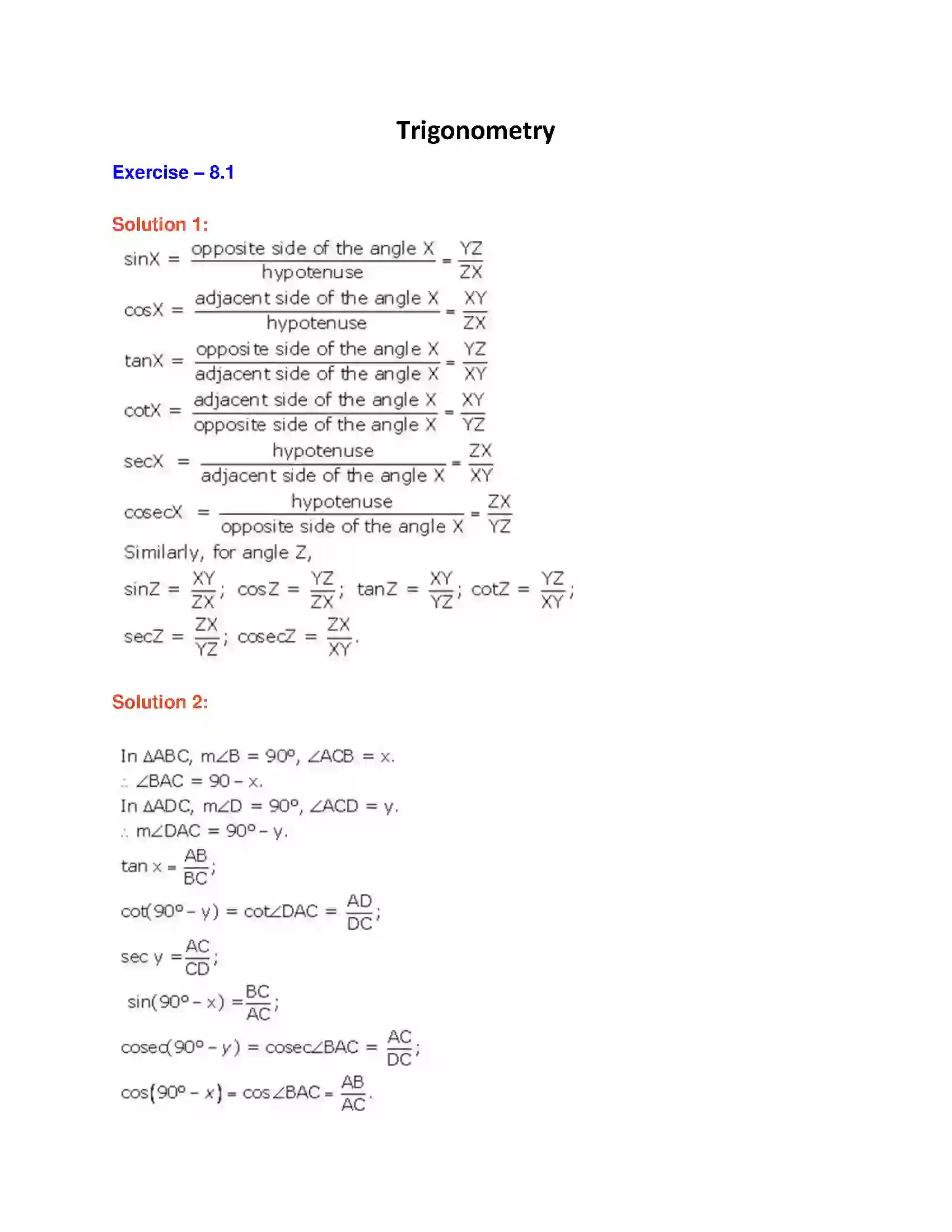 Maharashtra Board Class 9th Geometry Trigonometry Solution 1