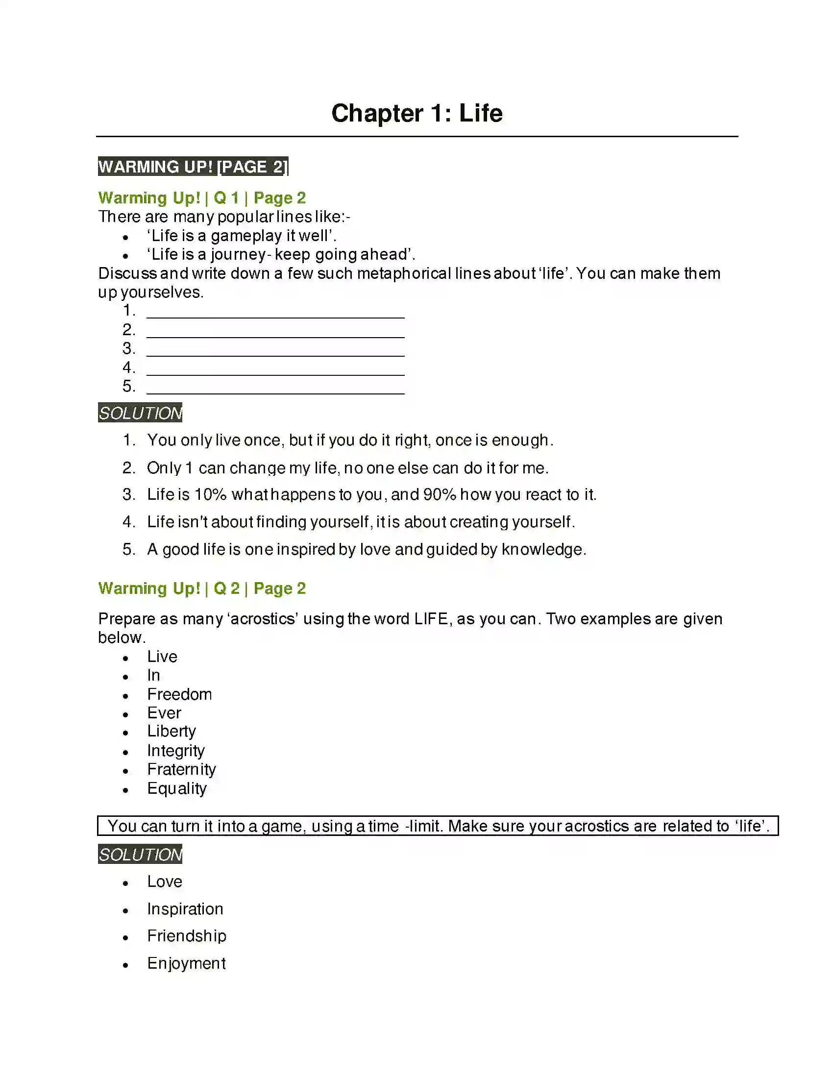 Maharashtra Board Class 9th Kumarbharati - English Medium 1.1 Life Solution 1