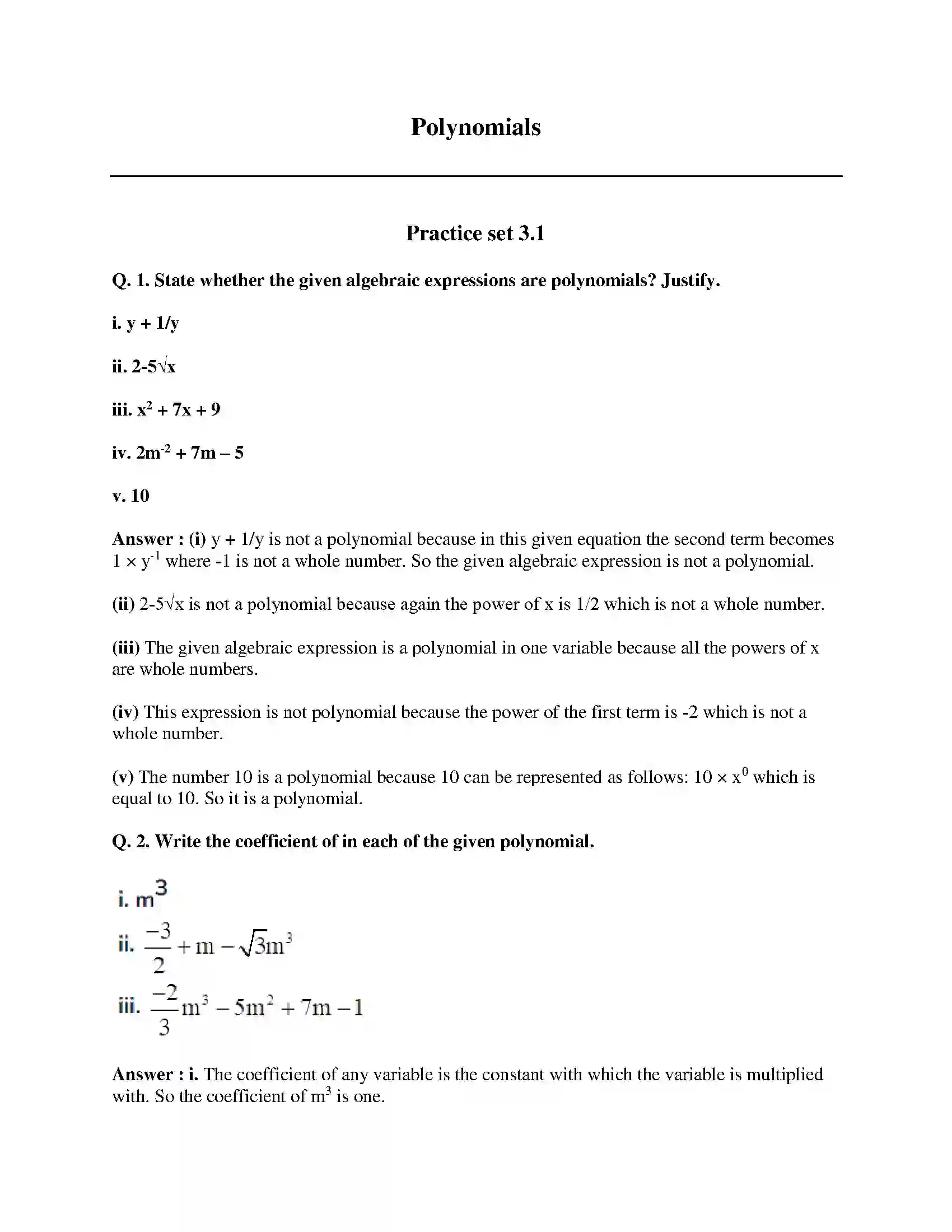Maharashtra Board Class 9th Mathematics Part-I - English Medium Polynomials Solution 1