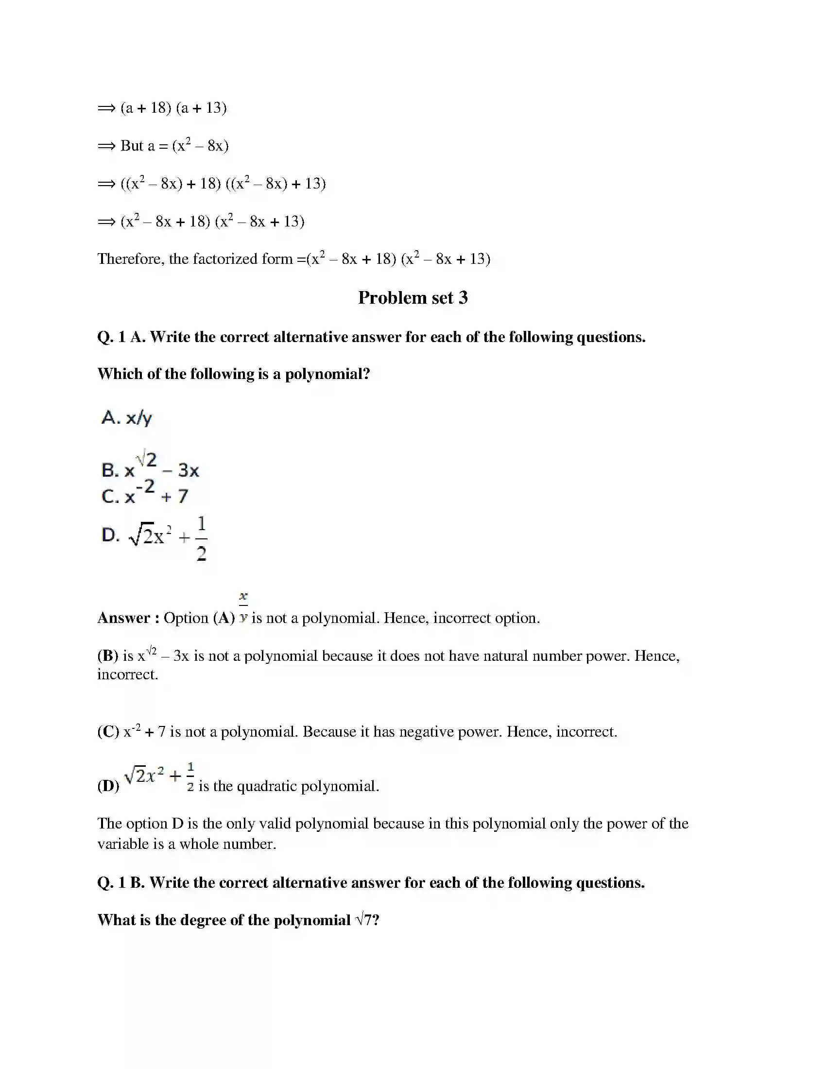 Maharashtra Board Class 9th Mathematics Part-I - English Medium Polynomials Solution 38