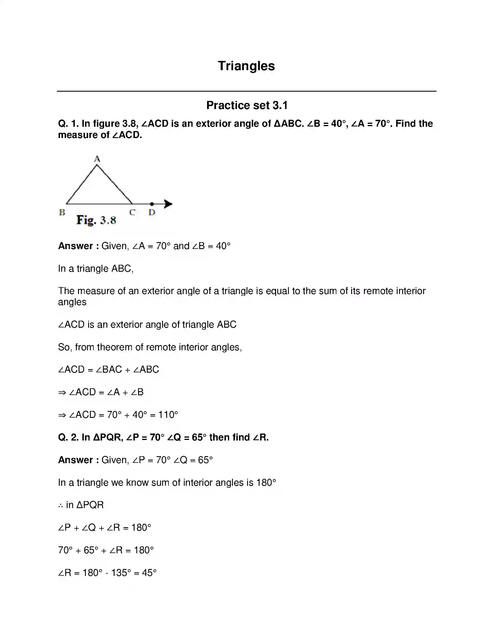 Maharashtra Board Class 9th Mathematics Part-II - English Medium Triangles Solution 1