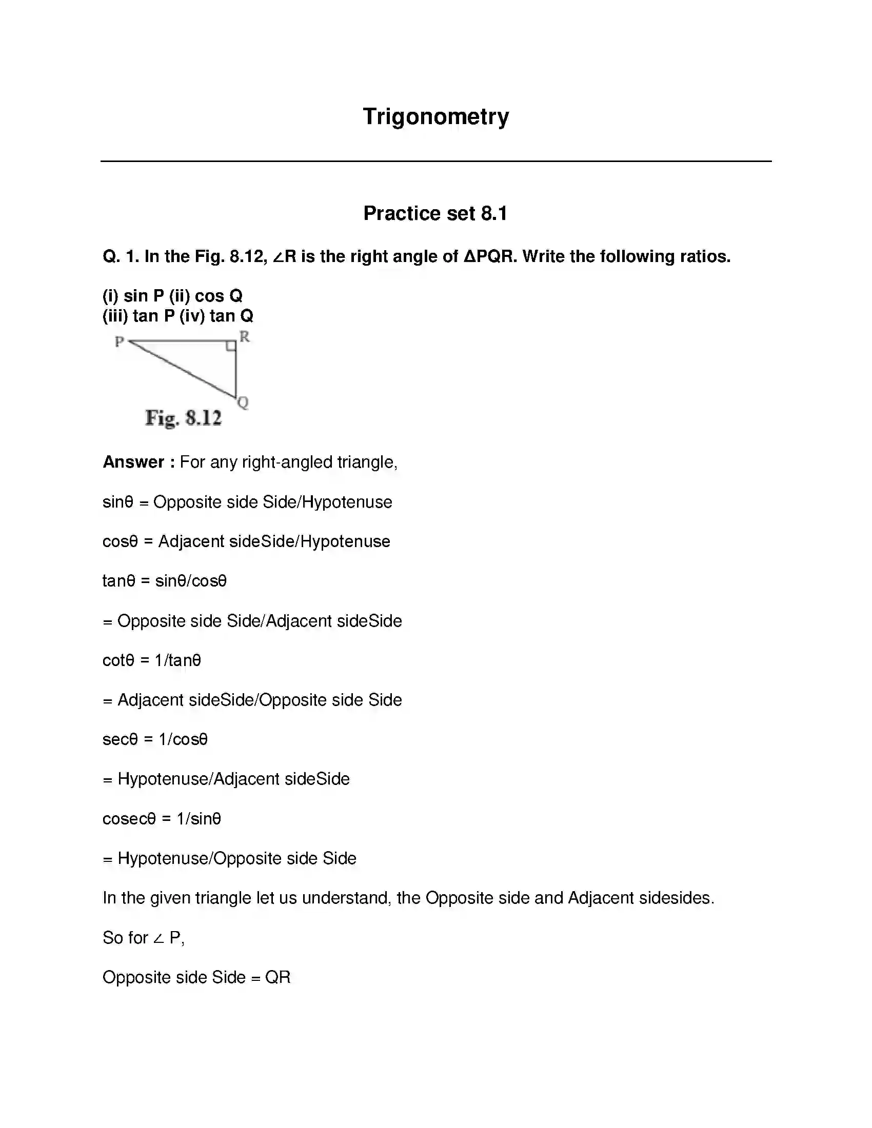 Maharashtra Board Class 9th Mathematics Part-II - English Medium Trigonometry Solution 1