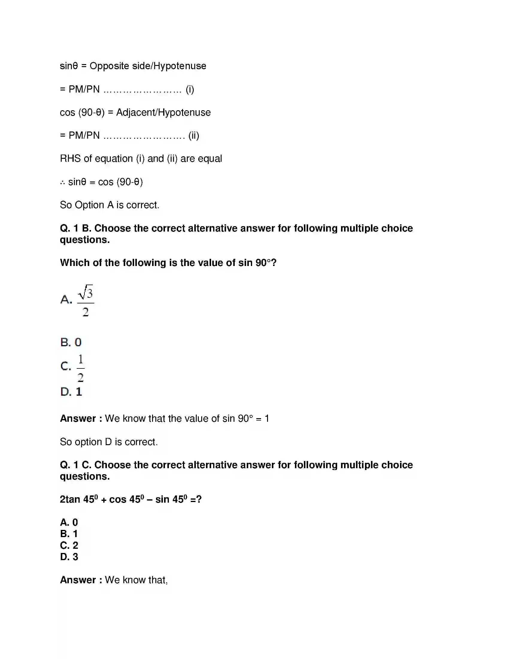 Maharashtra Board Class 9th Mathematics Part-II - English Medium Trigonometry Solution 19