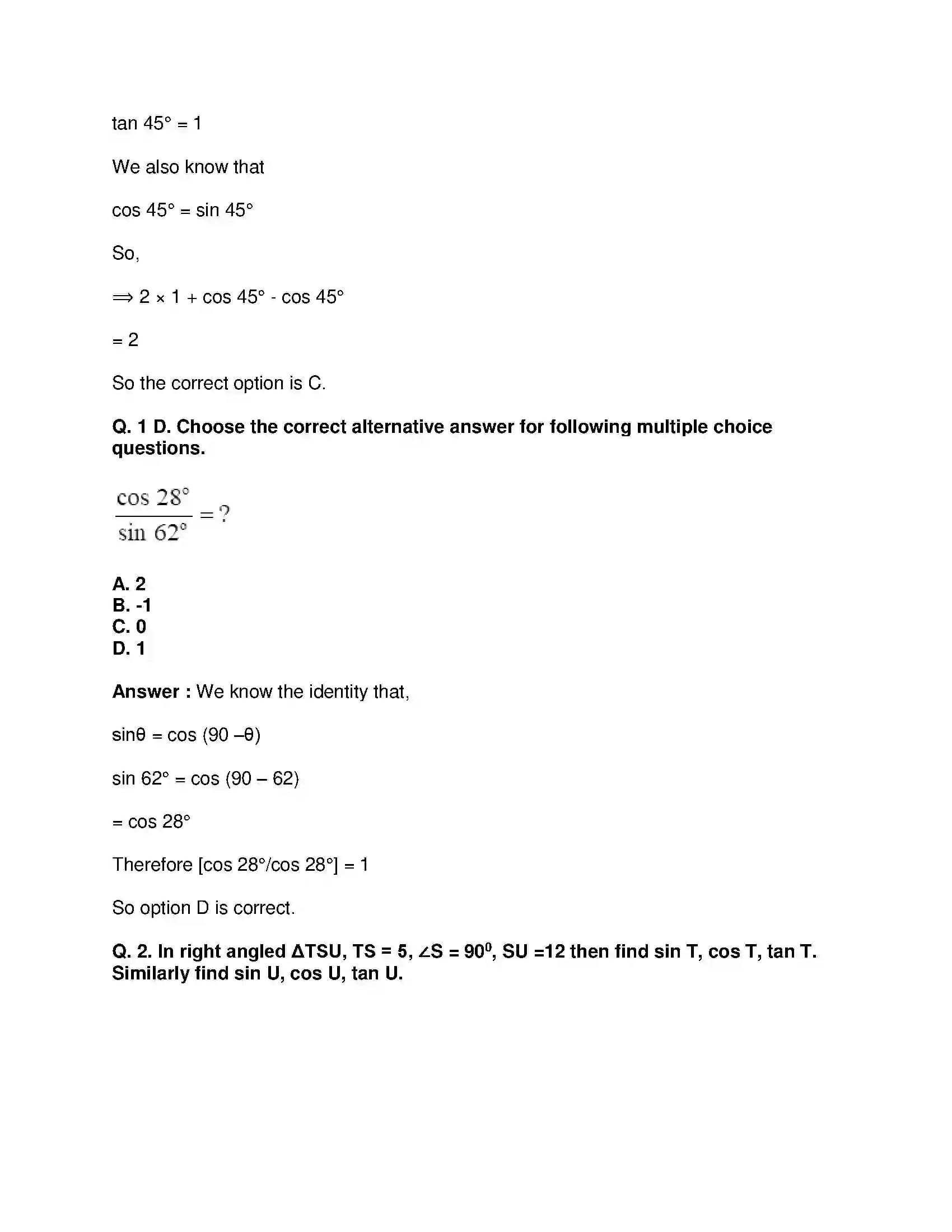 Maharashtra Board Class 9th Mathematics Part-II - English Medium Trigonometry Solution 20
