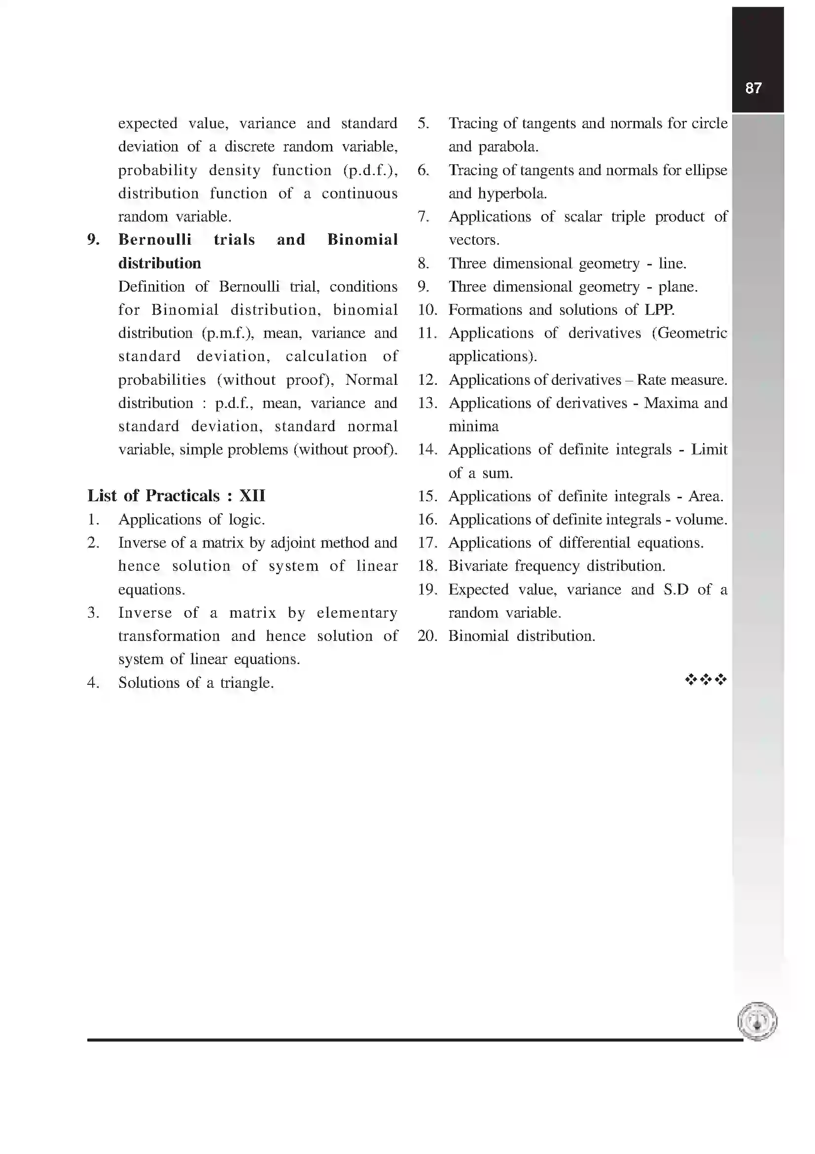 Maharashtra Board Class 12th 2020 Maths & Statistics Syllabus 9