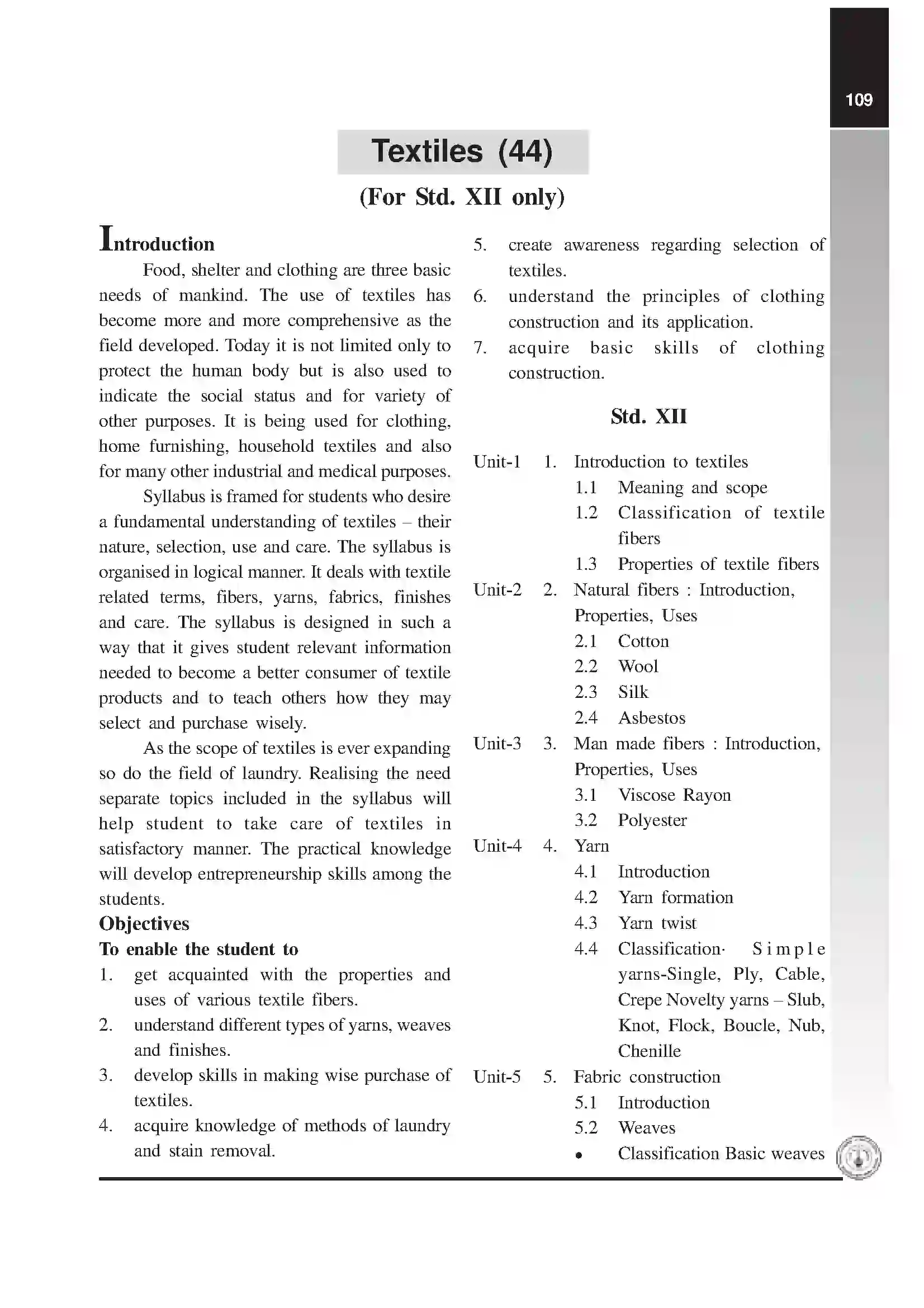 Maharashtra Board Class 12th 2025-26 Textiles Syllabus 1